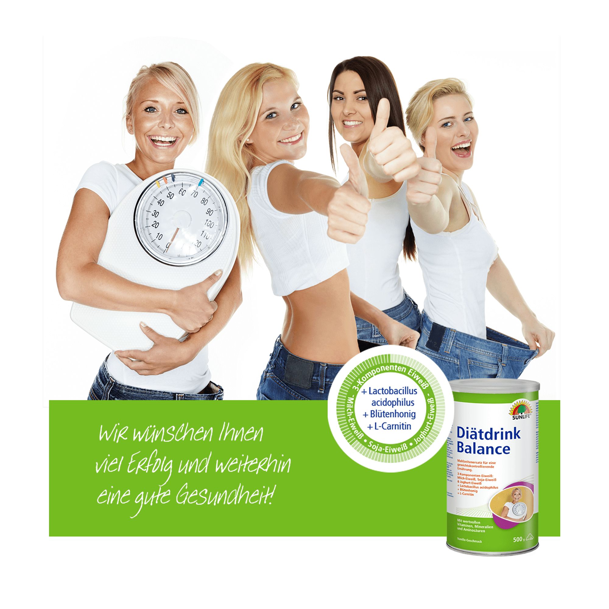 Vier Frauen mit Waage und Dose SUNLIFE Diätdrink Balance. Grüner Banner mit Produktinformationen.