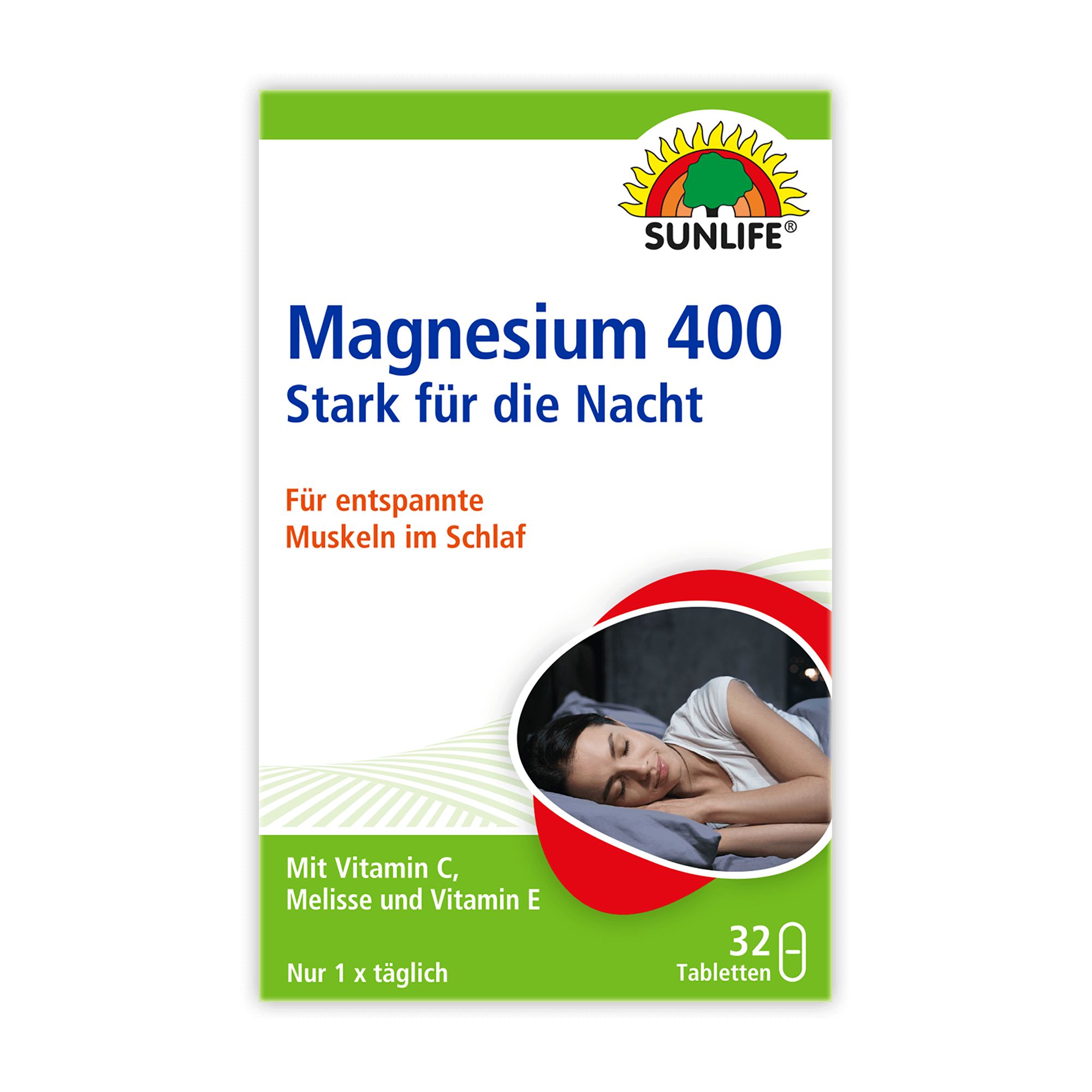 Schachtel mit SUNLIFE Magnesium 400 Nacht Tabletten. Aufschrift: Magnesium 400 Stark für die Nacht. 32 Tabletten. Frau schläft.