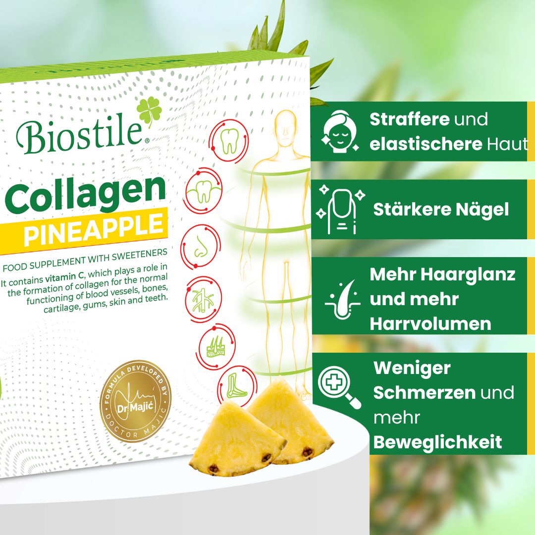 Packung Biostile Collagen Pineapple mit Ananasstücken. Text: Straffere Haut, stärkere Nägel, mehr Haarvolumen, weniger Schmerzen.