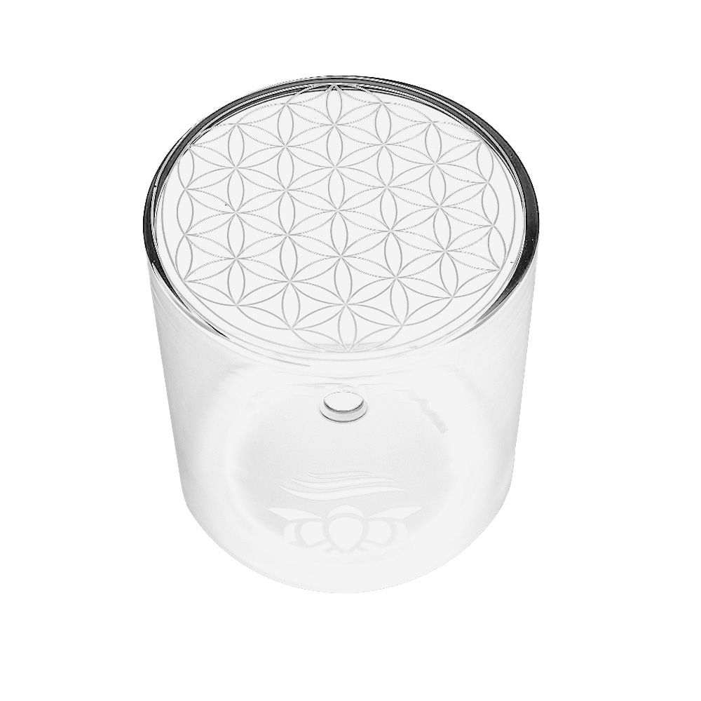 Glasbehälter mit Blume des Lebens Muster. Sichtbar: Deckel mit Muster, Logo am Boden, Öffnung.