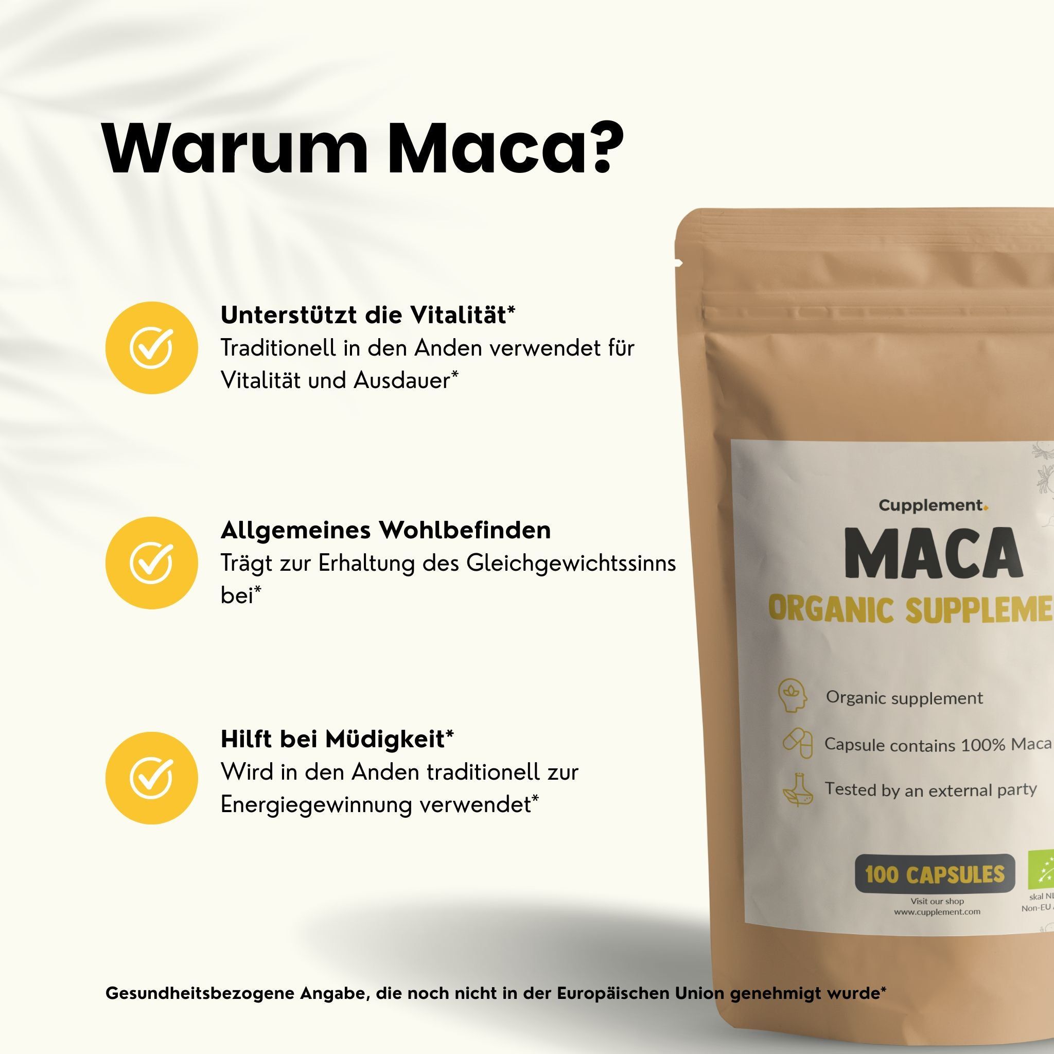 Brauner Beutel mit Kapseln. Aufdruck: Maca, Organic Supplements. 100 Kapseln. 500 mg pro Kapsel. Zertifizierung.