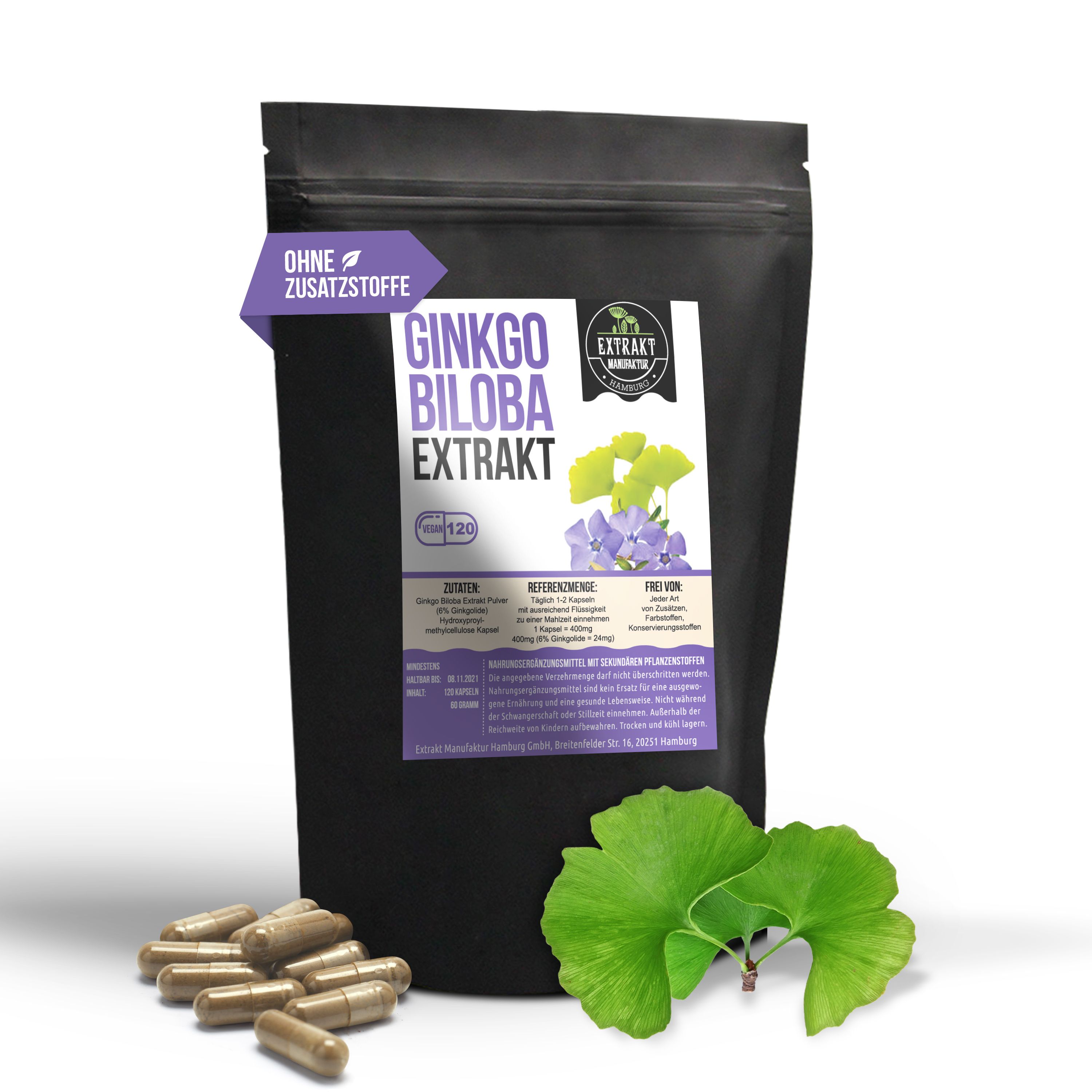 Schwarze Verpackung "Ginkgo Biloba Extrakt" mit Kapseln daneben. Enthält 120 Kapseln. Logo und Illustrationen von Ginkgo-Blättern und Blüten.