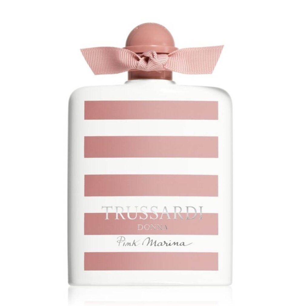 Weiß-rosa gestreifte Flasche mit rosa Schleife. Aufschrift: TRUSSARDI DONNA Pink Marina.