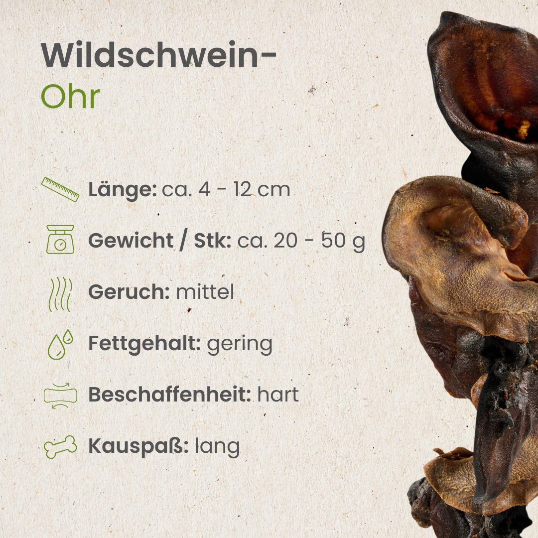 Getrocknete Wildschweinohren, schonend getrocknet, 100% Wildschwein, für Hunde.