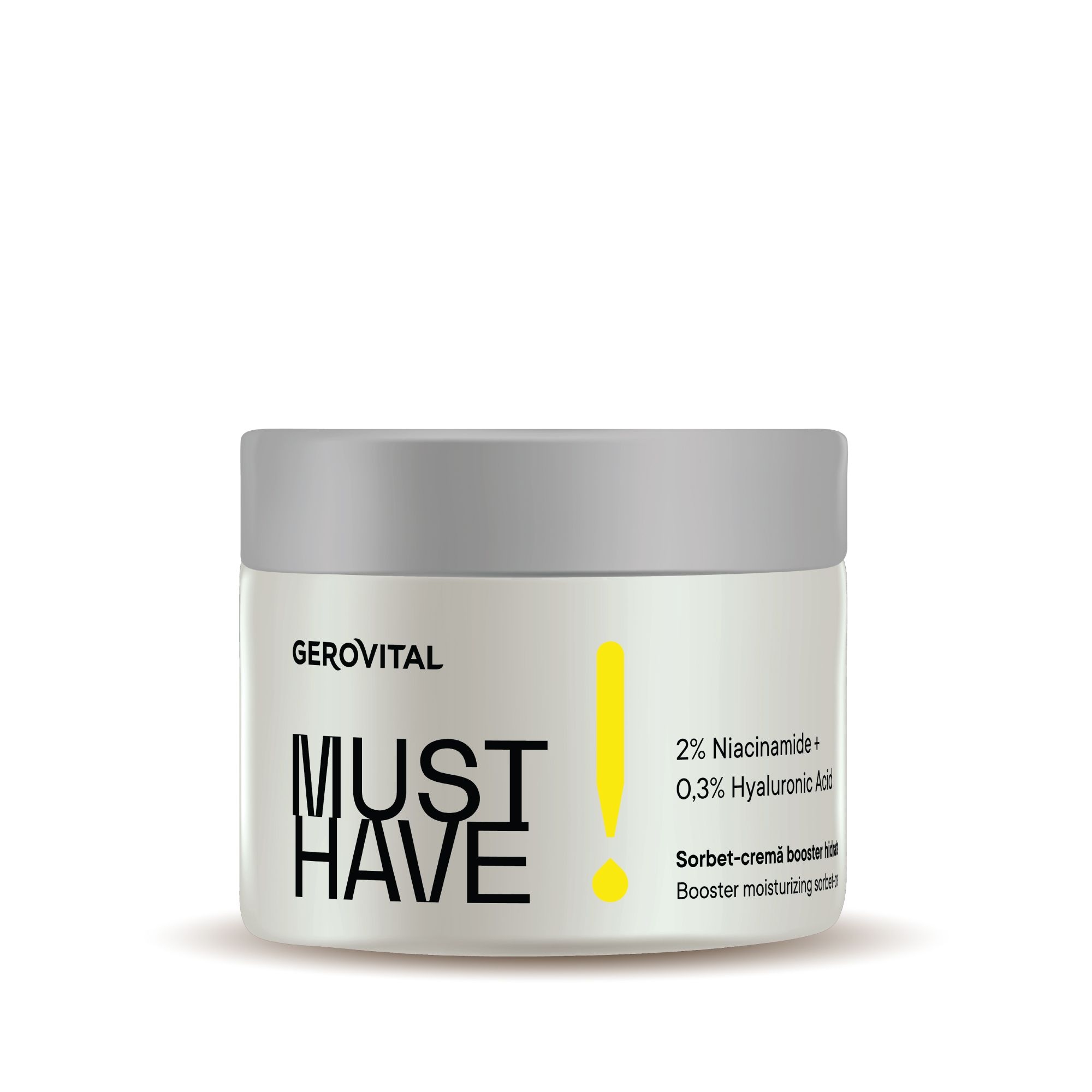Creme-Tiegel mit Aufschrift: MUST HAVE, 2% Niacinamid + 0,3% Hyaluronsäure. Gelbes Ausrufezeichen.