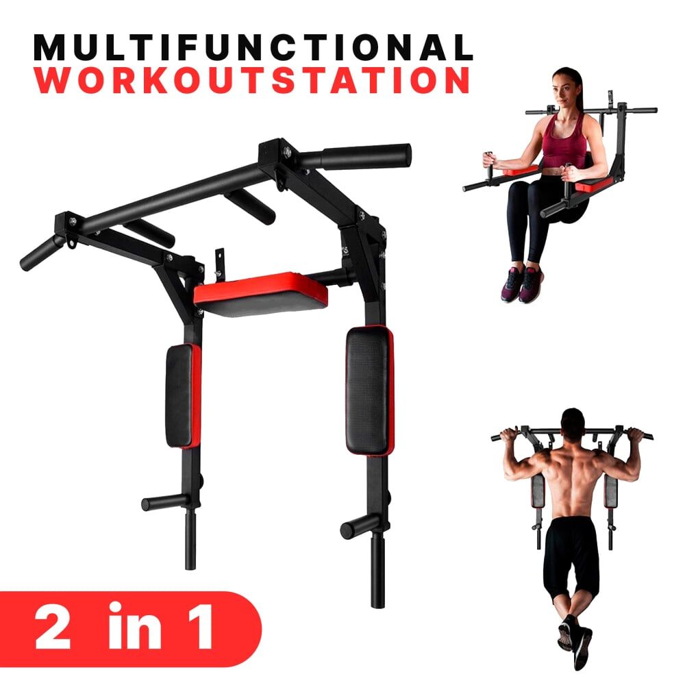 Multifunktionale Workoutstation, schwarz und rot. 2 in 1. Personen trainieren.