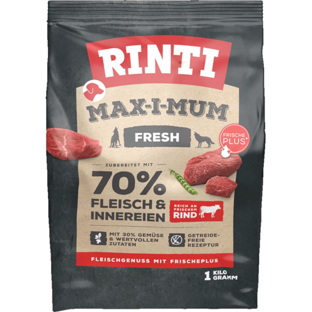 Rinti Max-i-Mum Rind: 1kg Beutel Hundefutter mit 70% Fleisch & Innereien, Rindfleisch, Gemüse und Getreidefrei.