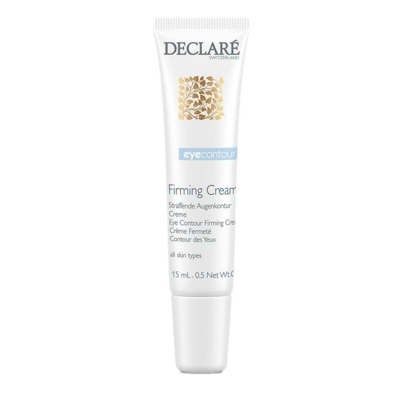 Weiße Tube Declare Eye Contour Firming Cream. Text und Logo. 15ml.