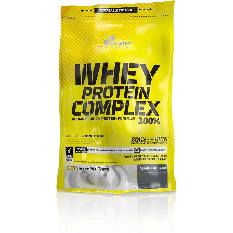 Gelbe Verpackung mit Aufschrift Whey Protein Complex 100%. Enthält Informationen zu Inhaltsstoffen und Zertifizierungen.
