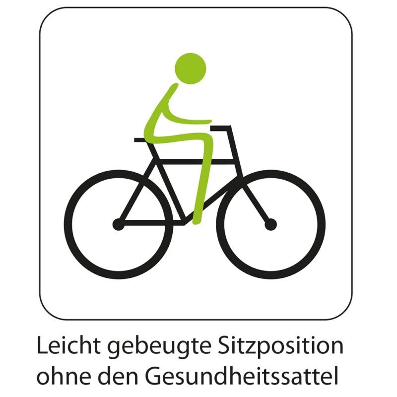 Grafik: Person auf Fahrrad mit leicht gebogener Sitzposition. Text: Leicht gebogene Sitzposition ohne den Gesundheitssattel.