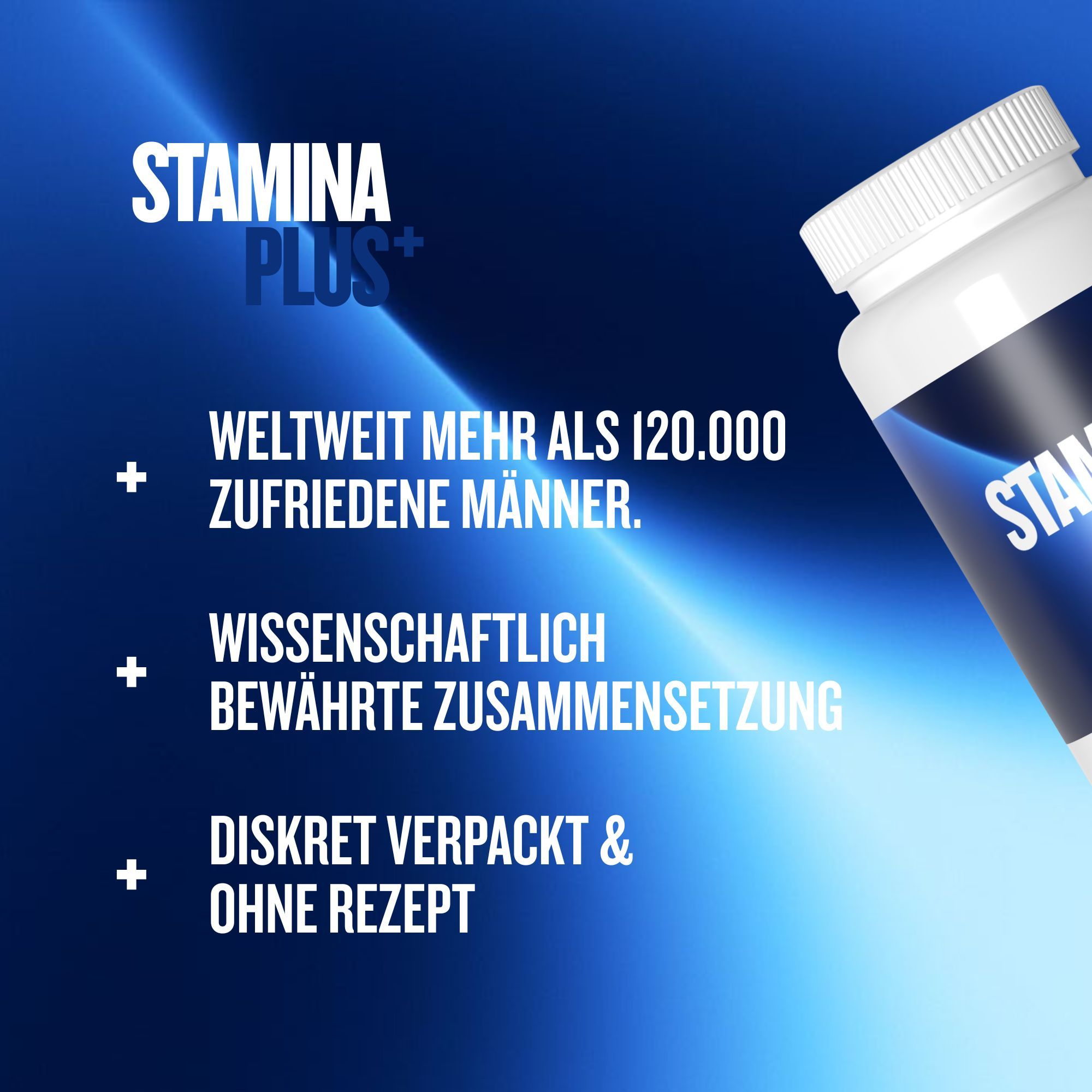 Weiße Flasche mit blauem Etikett. STAMINAplus. Text: Mehr als 120.000 zufriedene Männer. Wissenschaftlich bewährte Zusammensetzung.