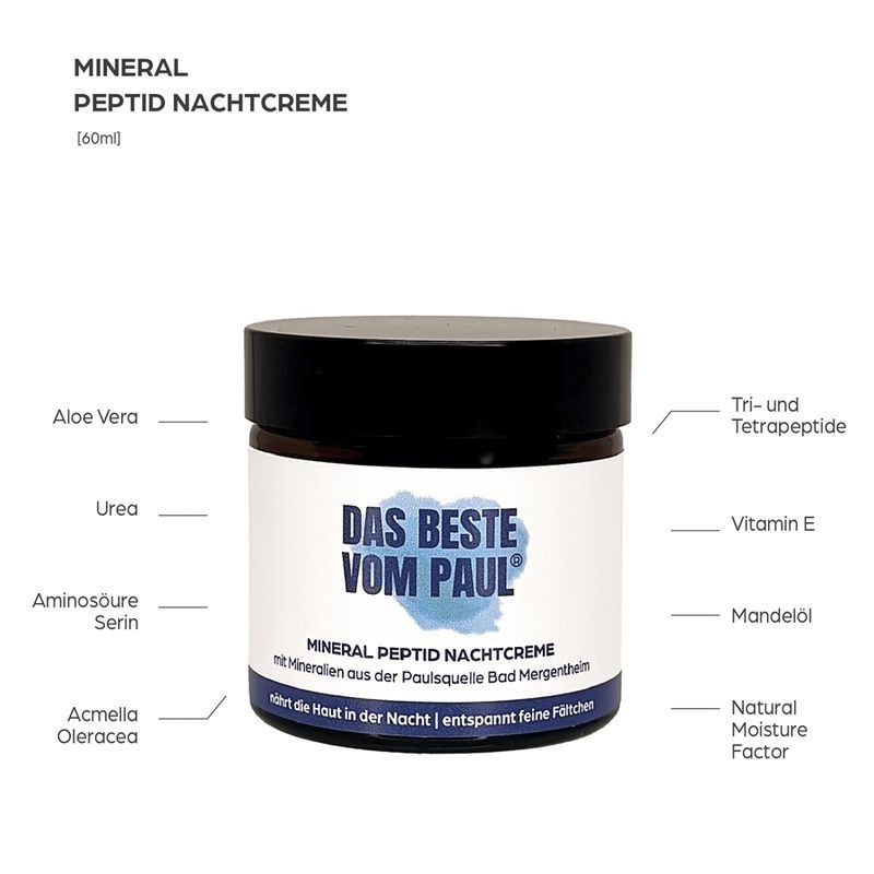 Braune Glascreme mit schwarzem Deckel. Text: Das Beste von Paul. Mineral Peptid Nachtcreme. Inhaltsstoffe wie Aloe Vera, Peptide.