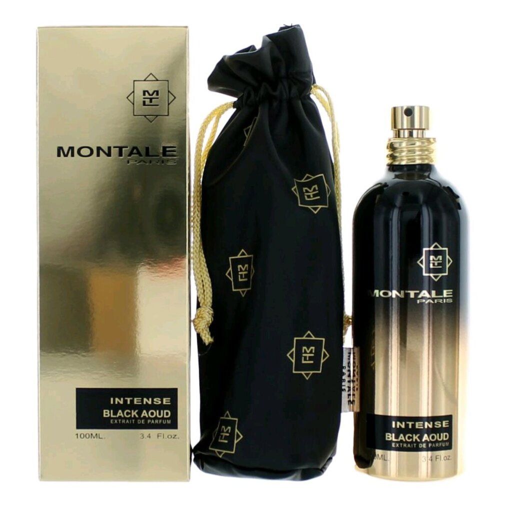 Goldfarbene Schachtel, schwarzer Beutel und Flakon. Aufschrift: Montale Paris, Intense Black Aoud. Flakon mit goldfarbenem Farbverlauf.