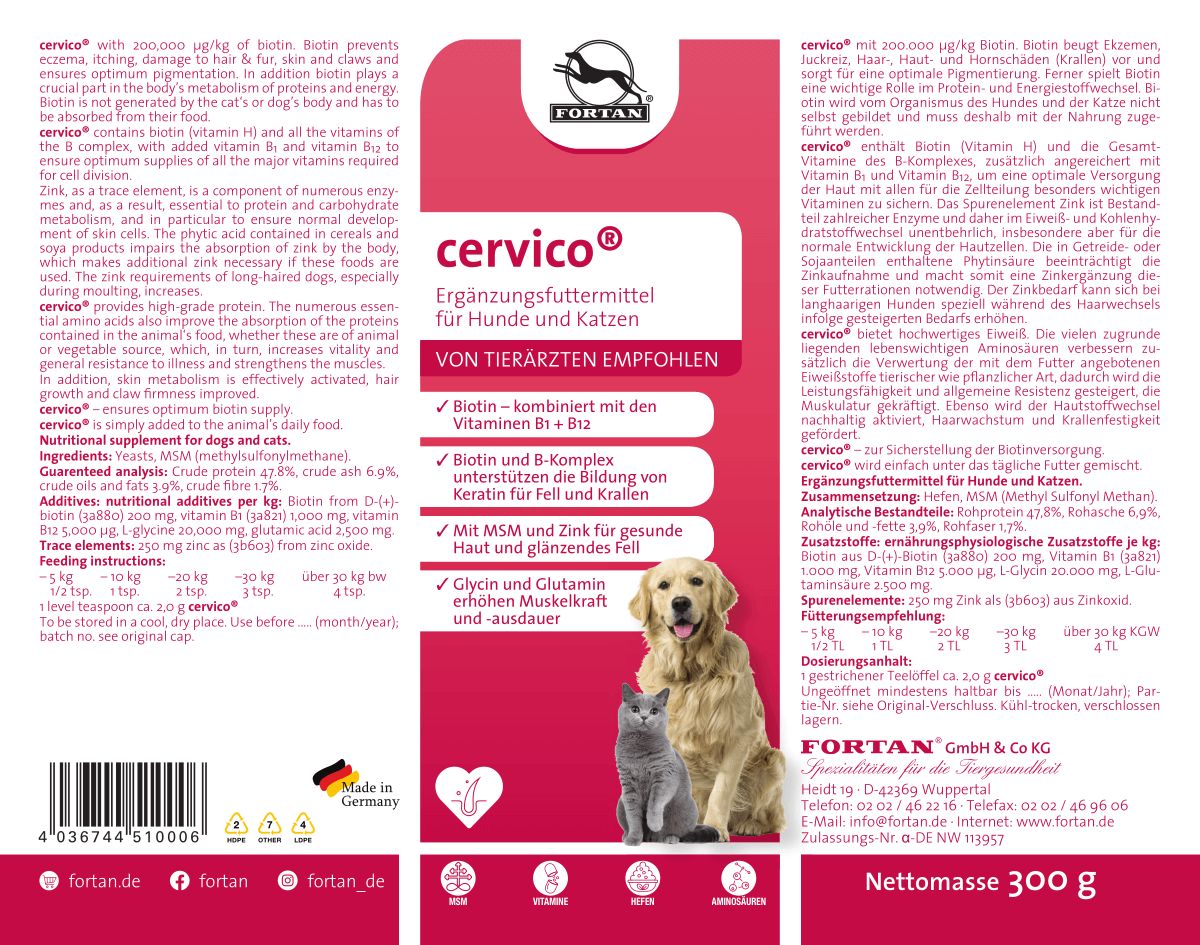 Produktetikett mit Text: Cervico, Ergänzungsfuttermittel für Hunde und Katzen. Logo: Hund und Katze. Empfohlen von Tierärzten. Hergestellt in Deutschland.