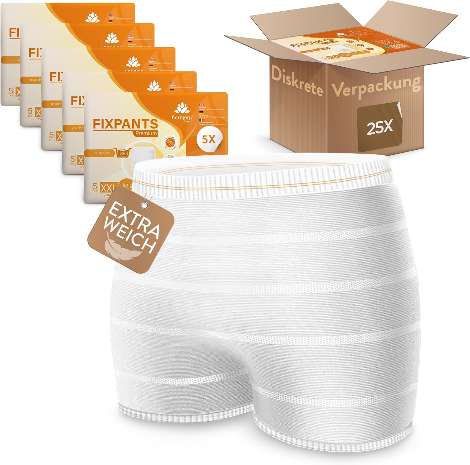 Weiße Netzhosen, 5er Packung und 25er Karton. Eine Hose ist vorne abgebildet.