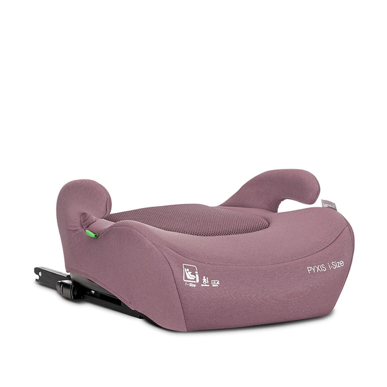 Grauer Kindersitz mit "Pyxis i-Size" Aufschrift und ECE R129 Zertifizierung.