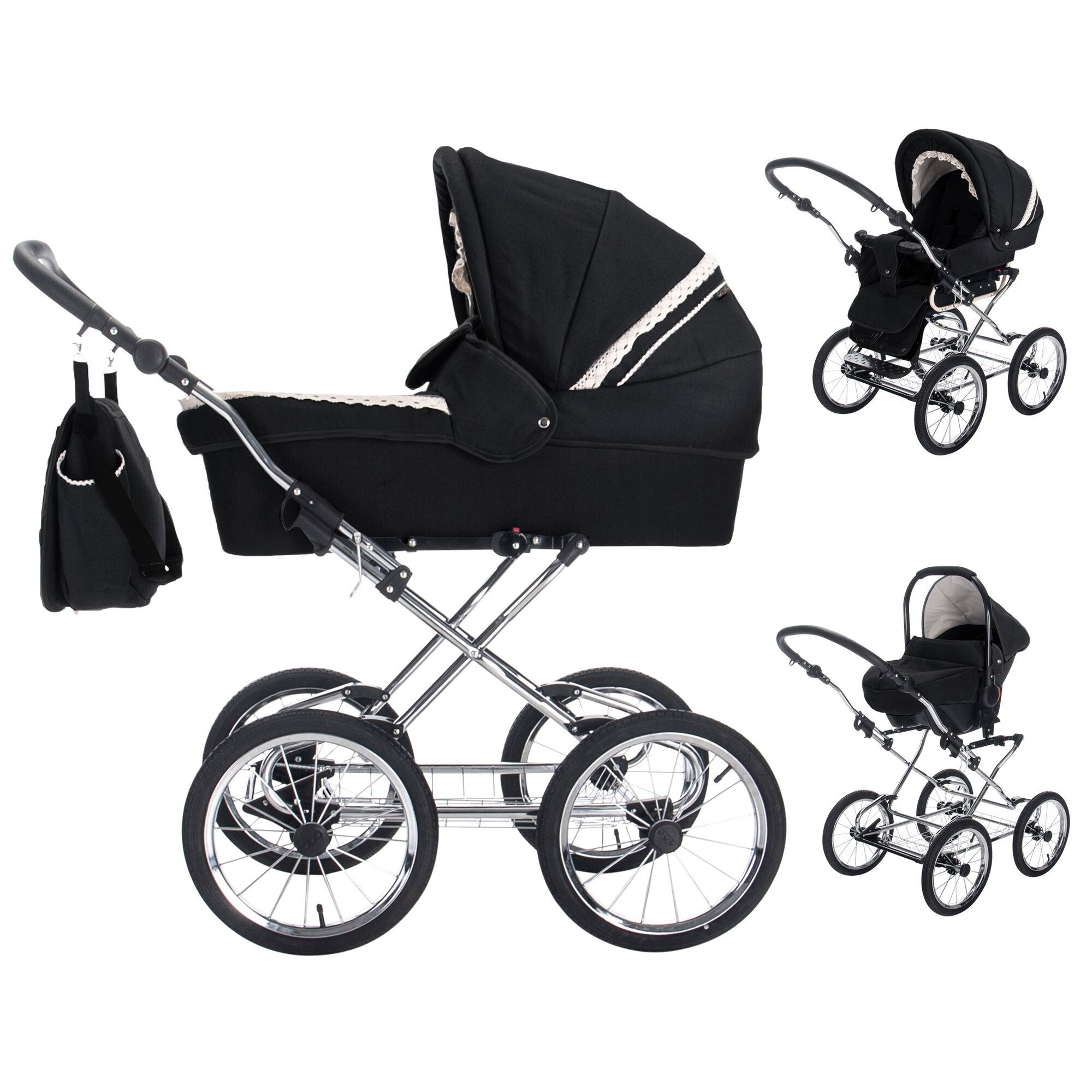 Schwarzer Kinderwagen mit silbernem Gestell. Enthält eine Tragetasche und eine separate Tasche. Mehrere Ansichten.