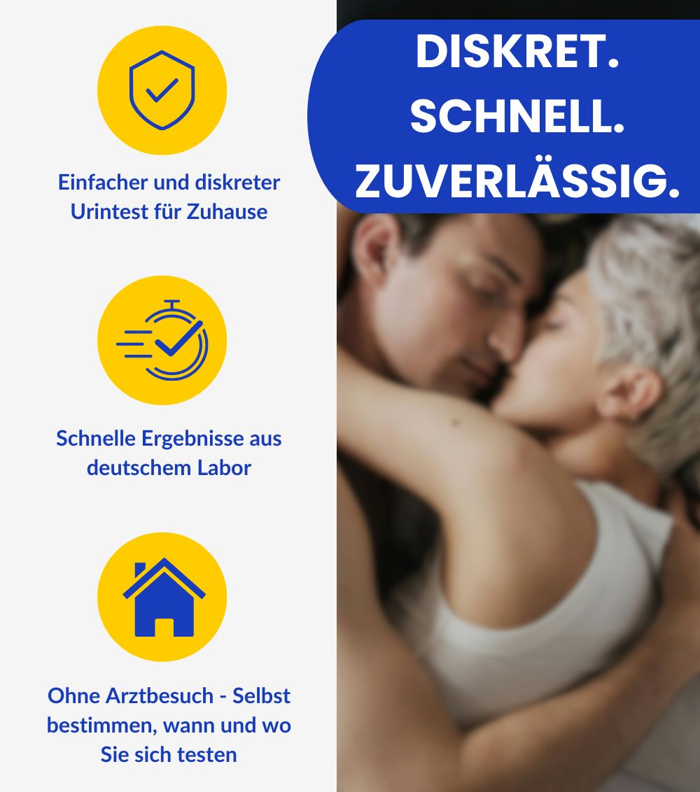 Grafik mit Text: Diskret, schnell, zuverlässig. Einfacher Urintest für zu Hause. Schnelle Ergebnisse. Ohne Arztbesuch.