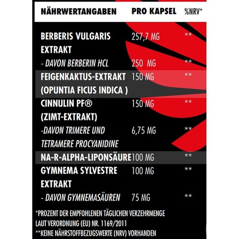 Nährwertangaben pro Kapsel. Enthält Berberis Vulgaris Extrakt, Feigenkaktus Extrakt, etc. Prozentangaben.