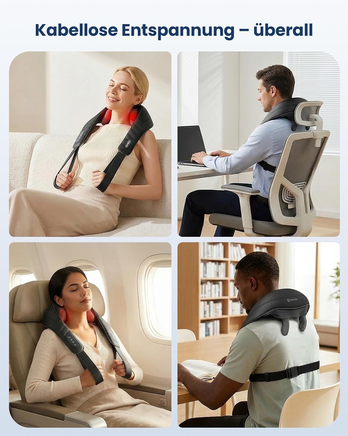 Schwarzes Nackenmassagegerät mit Heizfunktion und zwei Wärmestufen (45-50°C).