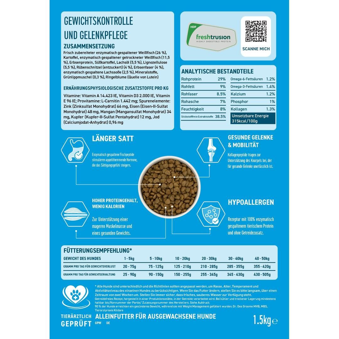 VetLine Trockenfutter mit Peptiden für Hunde - Gewichtskontrolle und Gelenkpflege