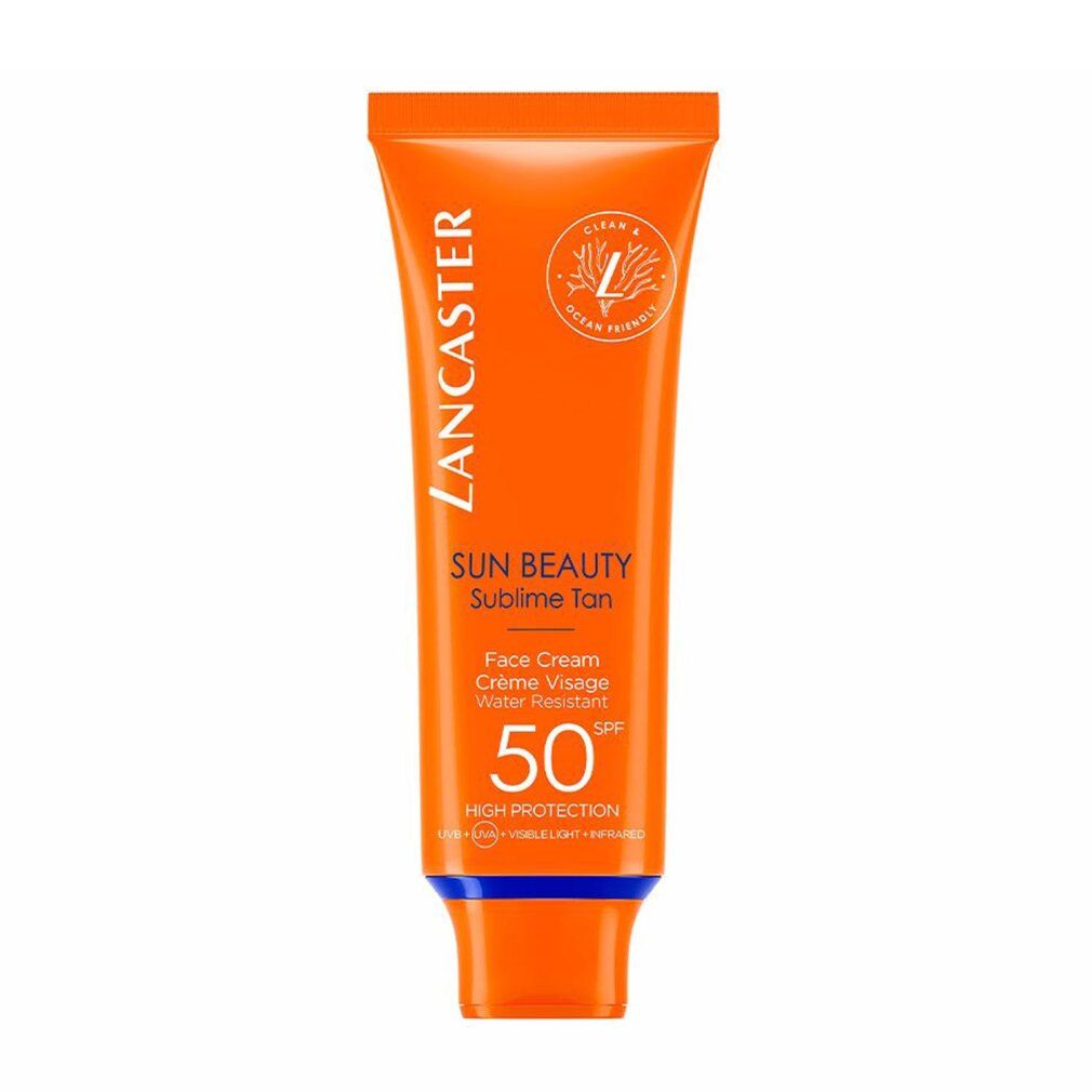 Orange Tube mit Sonnencreme. Text: Lancaster, Sun Beauty, Sublime Tan, Face Cream, SPF 50, High Protection.