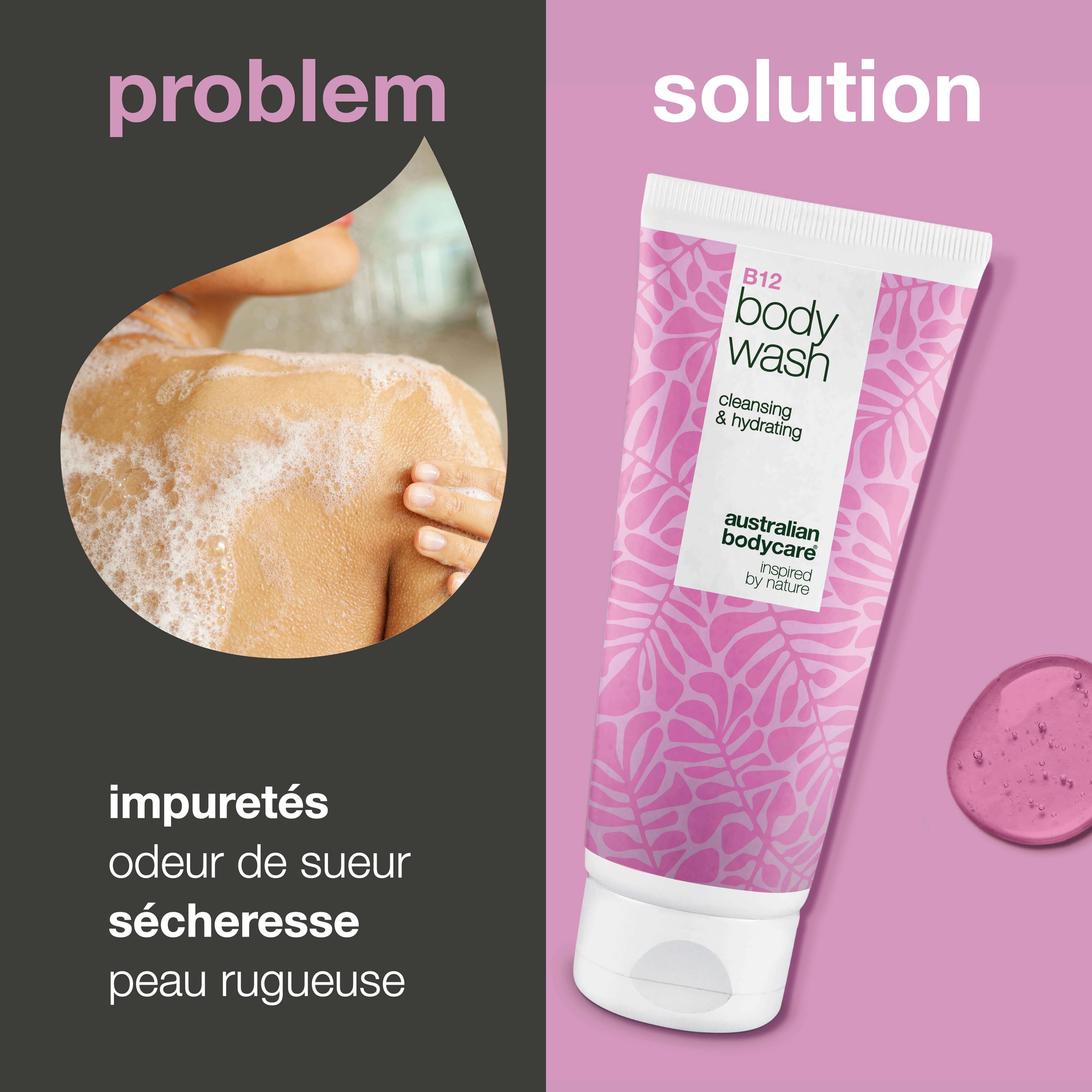 Comparaison : problème et solution. Gauche : femme sous la douche. Droite : tube B12 body wash. Texte : impuretés, odeur, sécheresse, peau rugueuse.