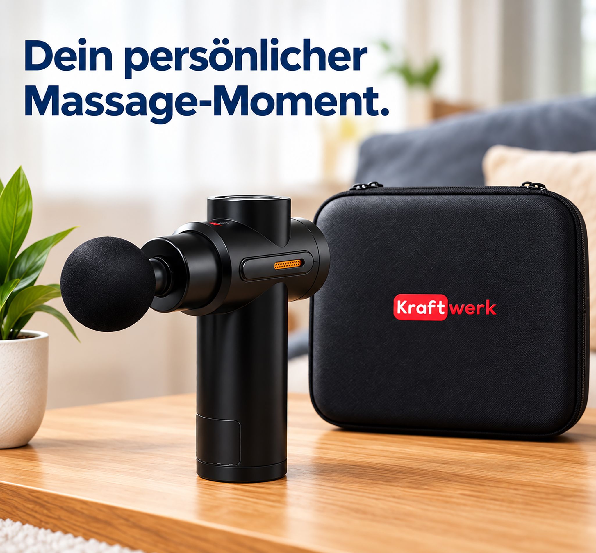 Schwarze Massagepistole mit rundem Aufsatz neben einem schwarzen Koffer mit rotem Kraftwerk-Logo.