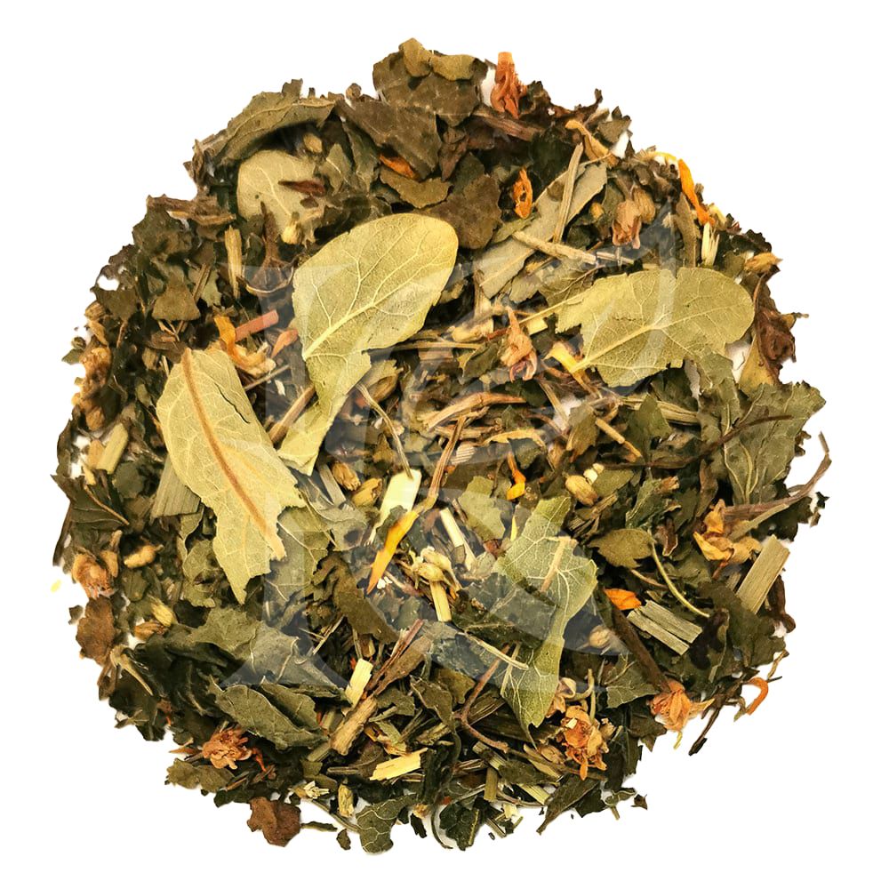 Nahaufnahme von Kräutermischung. Blätter, Blüten und Kräuter in verschiedenen Grüntönen und Gelb. Auf weißem Hintergrund.