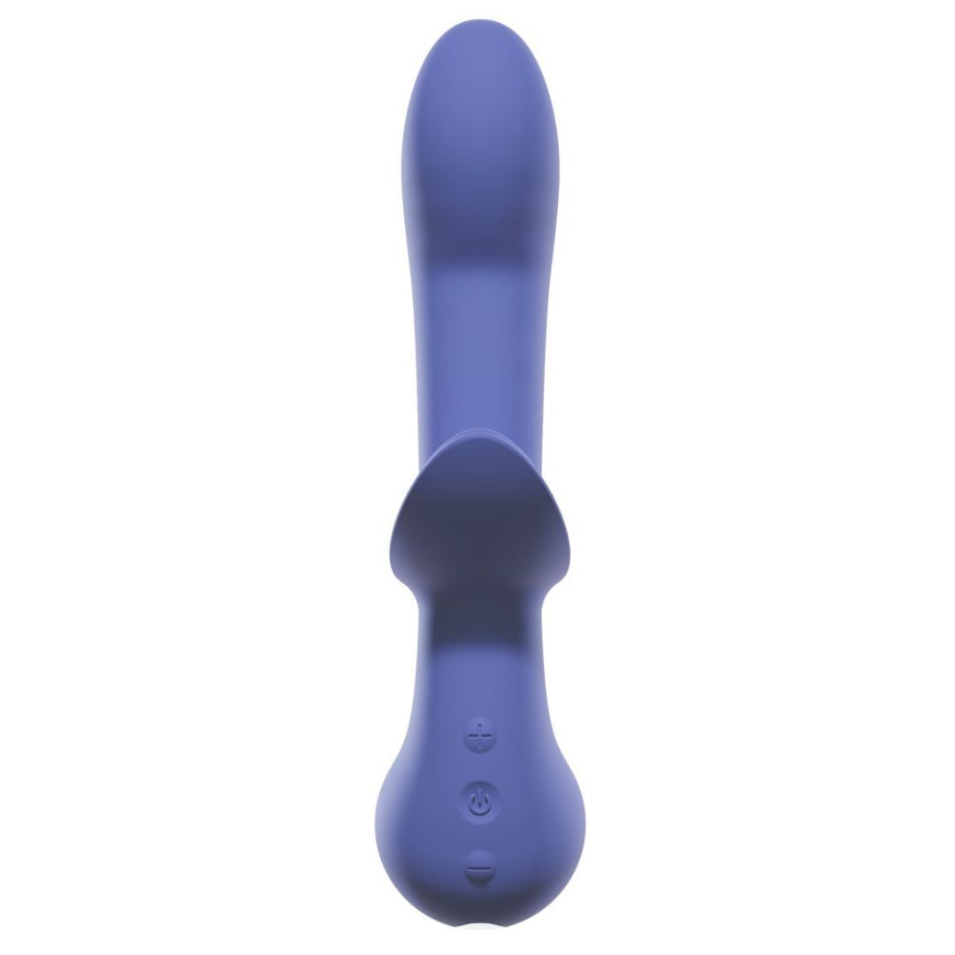 Blaues Wellness-Produkt mit länglicher Form. Es hat eine strukturierte Oberfläche und eine runde Basis mit Bedienknöpfen.