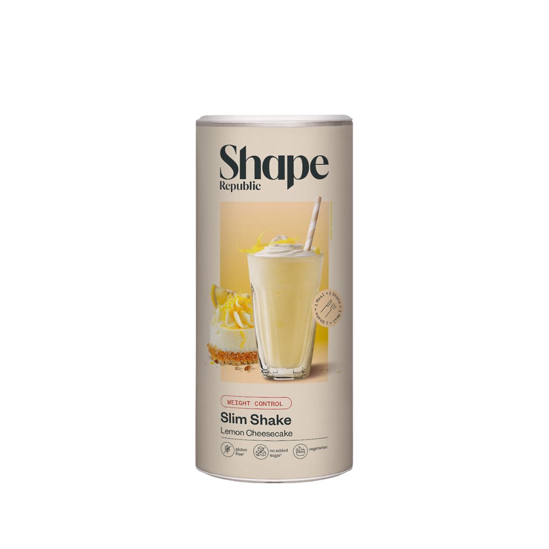 Dose Shape Republic Slim Shake, Lemon Cheesecake. Text: Weight Control. Logo und Produktbezeichnung.