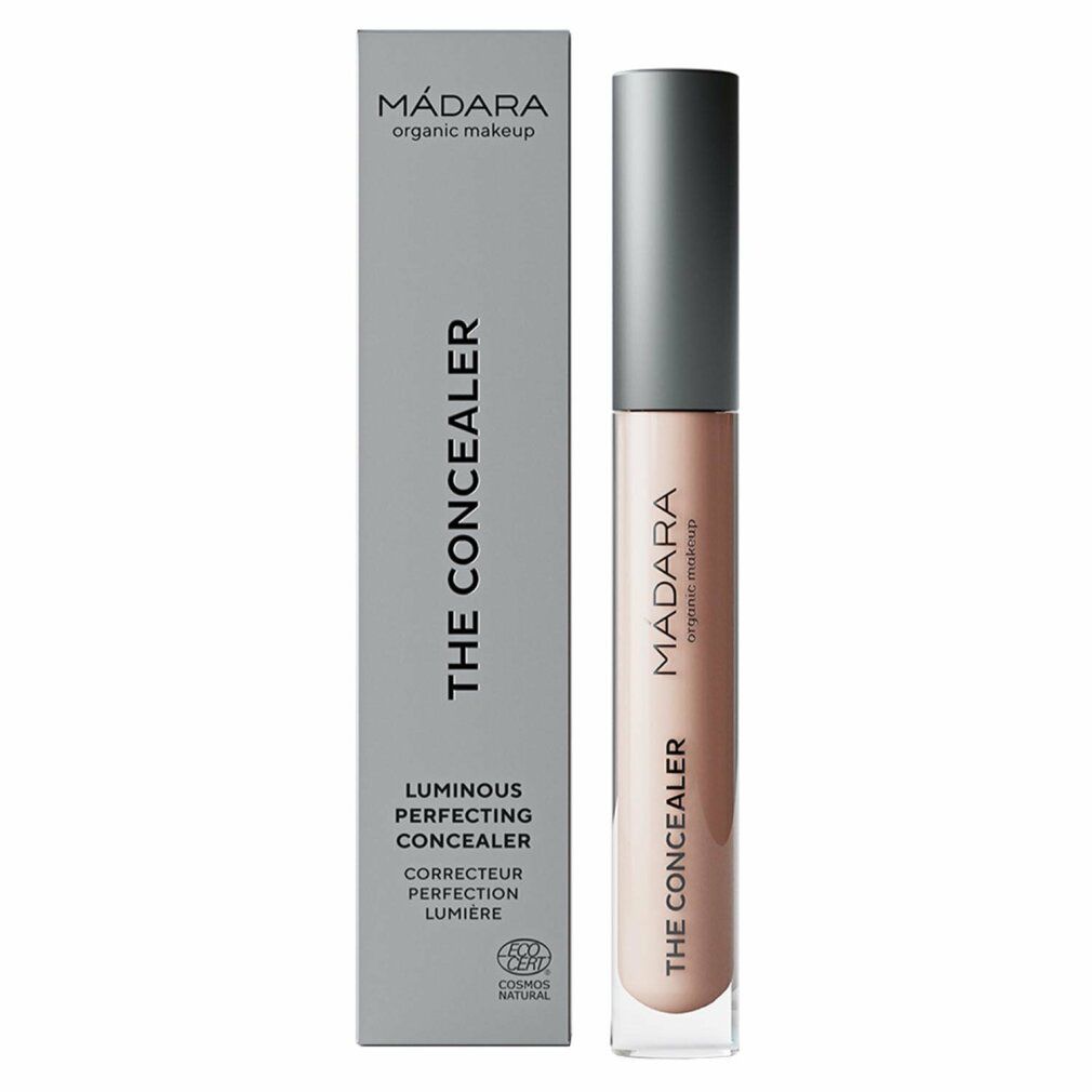 Concealer-Tube und -Verpackung. Auf der Verpackung steht "MÁDARA organic makeup" und "THE CONCEALER".