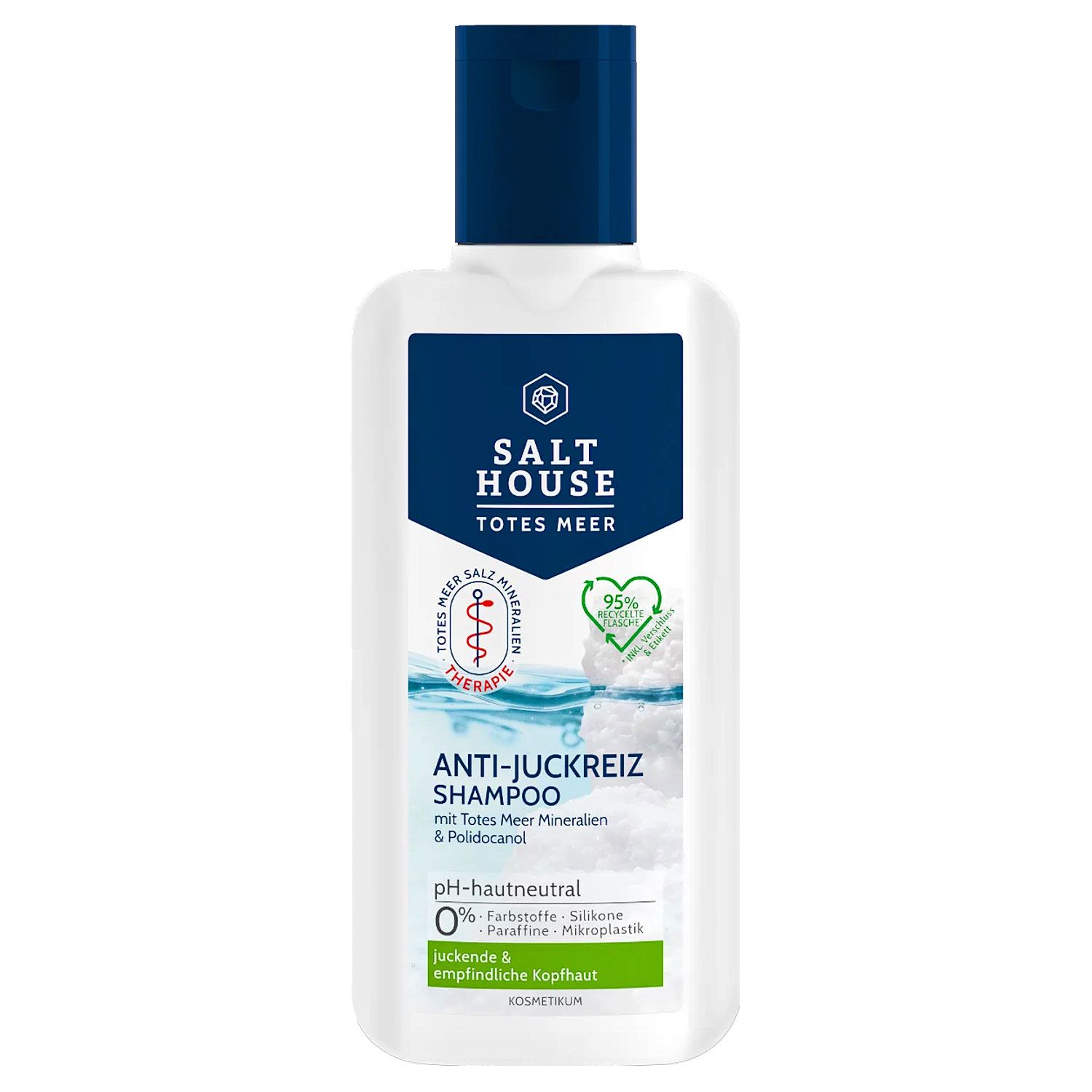 Weiße Shampoo-Flasche mit blauem Deckel. Aufschrift: SALT HOUSE TOTES MEER, ANTI-JUCKREIZ SHAMPOO. pH-hautneutral. Für juckende und empfindliche Kopfhaut.
