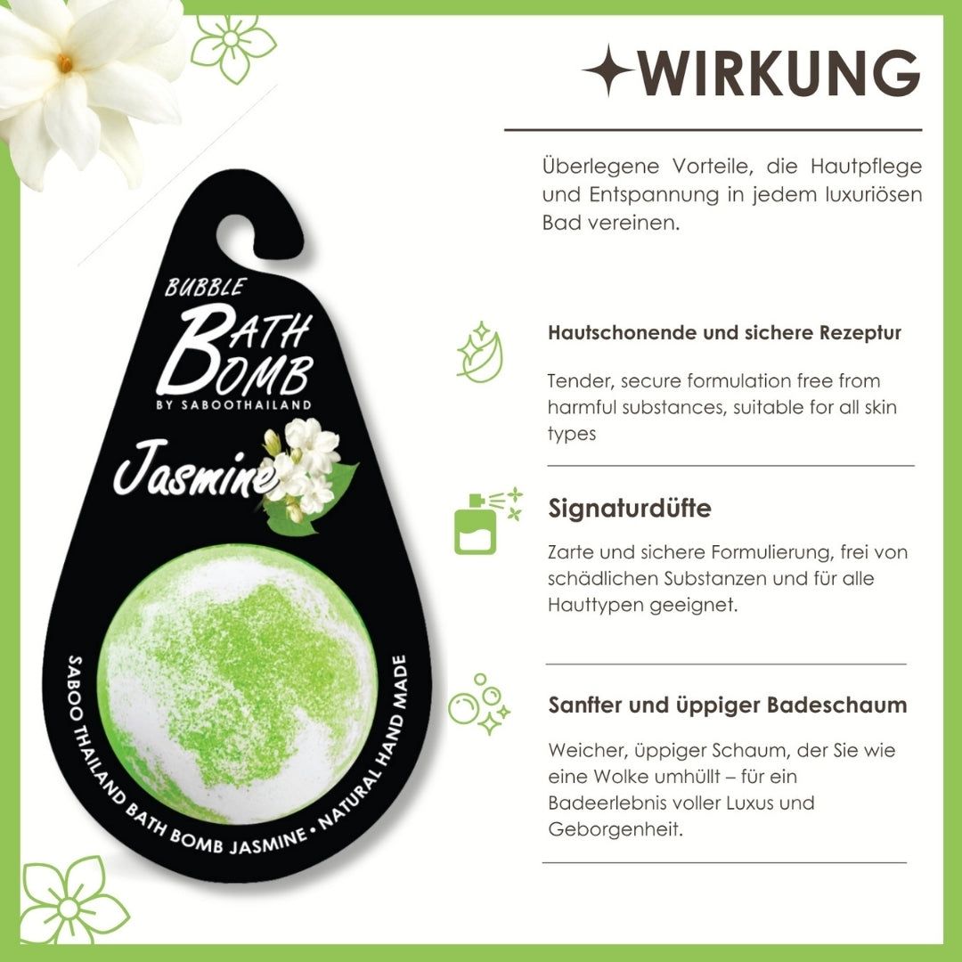 Grüne Badebombe mit Jasmin-Duft. Schwarze Verpackung mit Aufhänger. Text: Bubble Bath Bomb by SABOO Thailand.