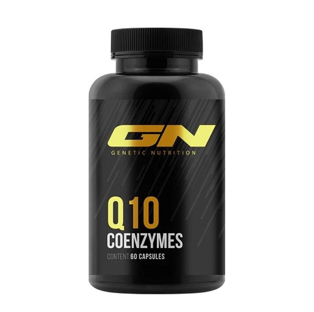 Schwarze Flasche mit goldfarbenem Aufdruck. Enthält Q10 Coenzyme. Aufschrift: GN, Genetic Nutrition. Inhalt: 60 Kapseln.