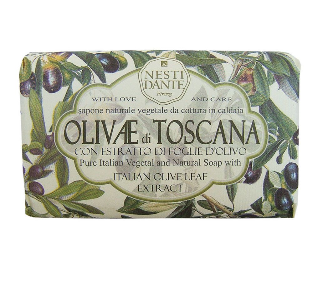 Seife mit Verpackung. Aufschrift: OLIVAE di TOSCANA, mit Olivenzweigen und -früchten. Marke: Nesti Dante.