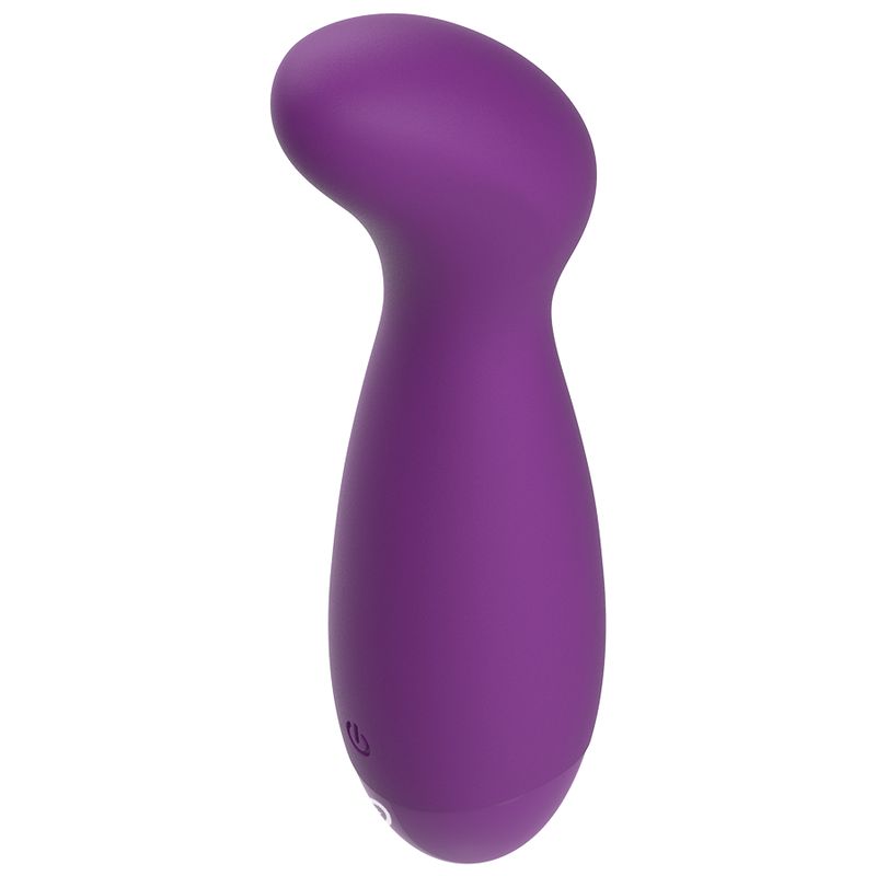 Lila Vibrator mit geschwungener Form. Auf der Unterseite befinden sich ein Knopf.