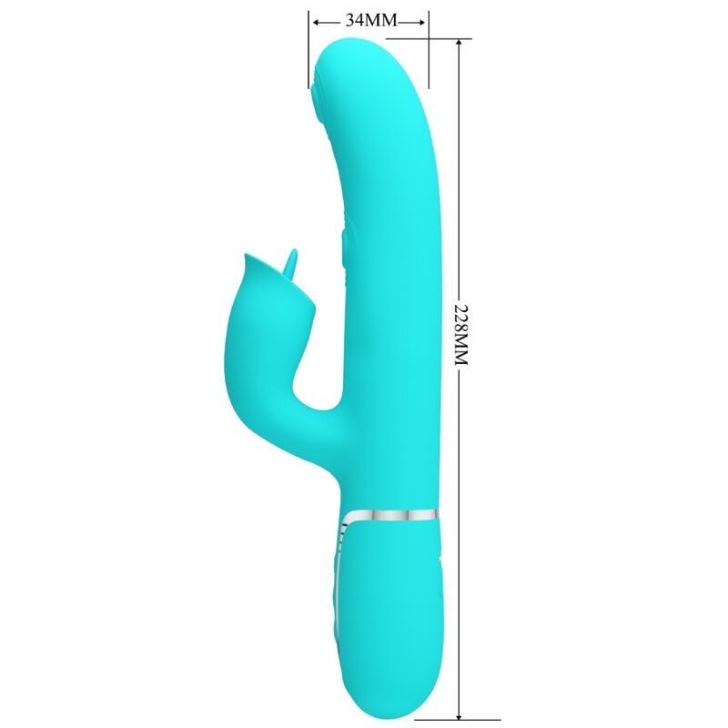 Türkisfarbener Vibrator mit Kaninchen-Design. Maße: 228 mm lang, 34 mm breit. Mit Messlinien.