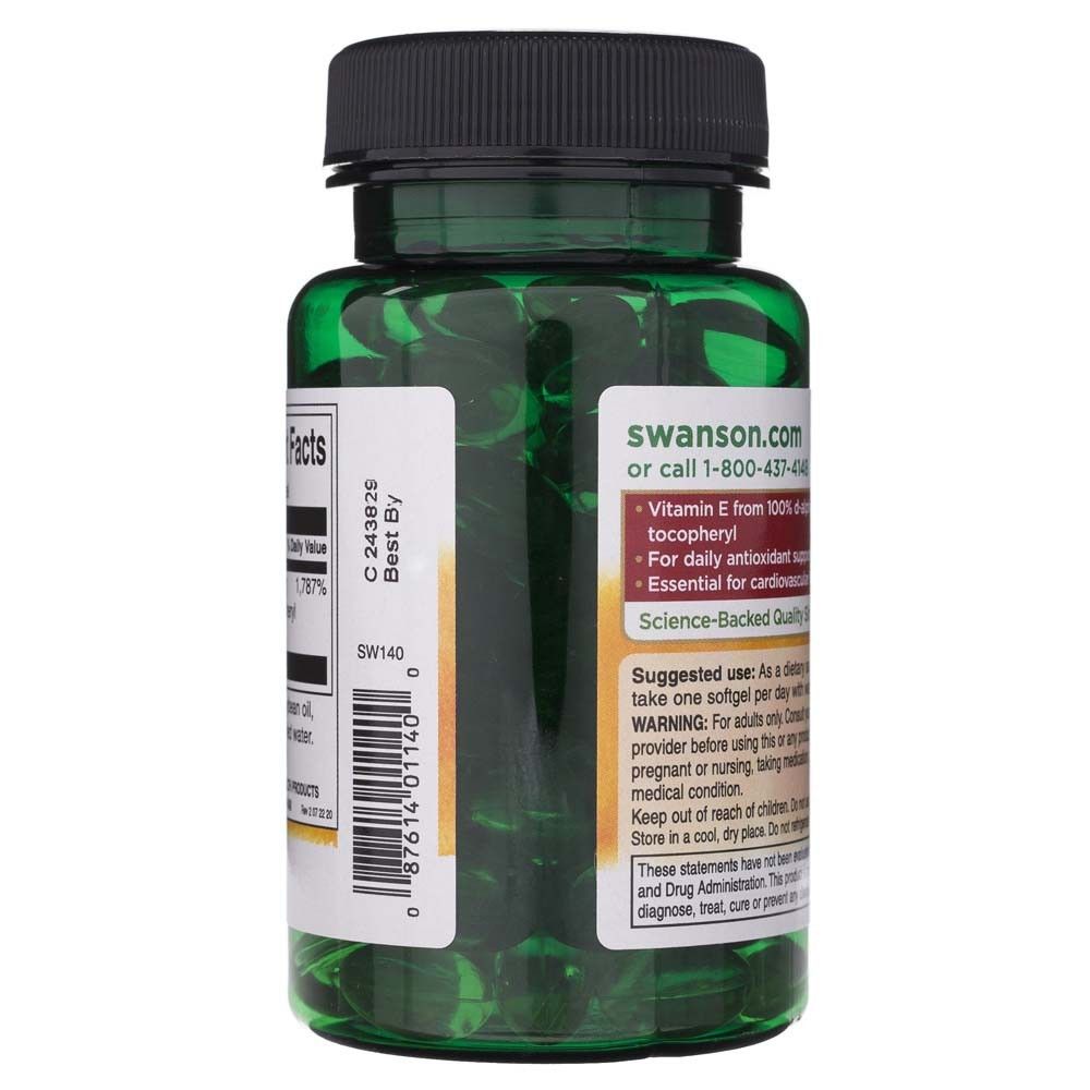 Seite der Flasche mit Swanson.com und Hinweisen zu Vitamin E.