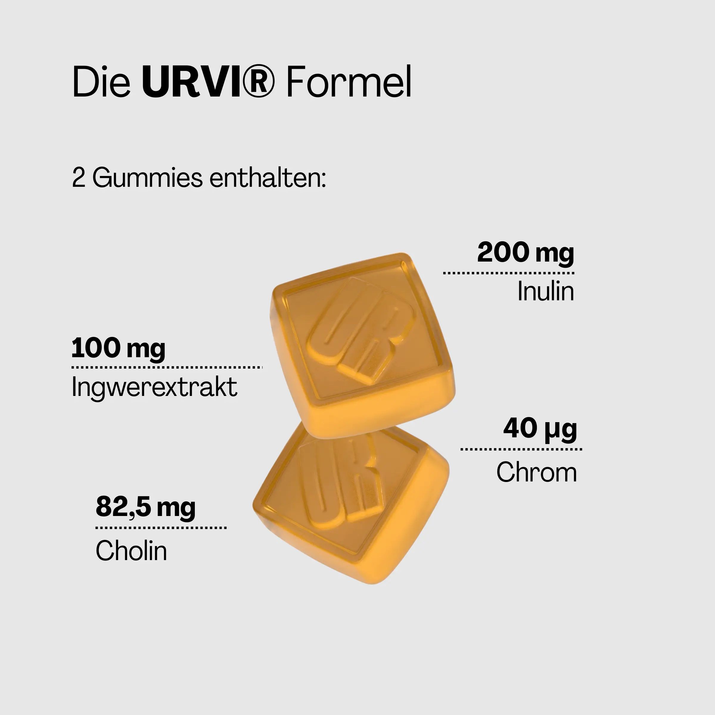 Zwei gelbe Gummibärchen mit Logo, übereinander. Text: 100 mg Ingwerextrakt, 200 mg Inulin, 40 µg Chrom, 82,5 mg Cholin.