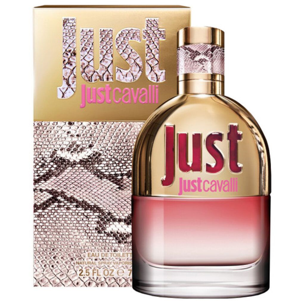 Parfümflakon und Verpackung. Flakon mit goldfarbenem Deckel und rosa Schriftzug "JUST justcavalli". Verpackung mit Schlangenmuster.