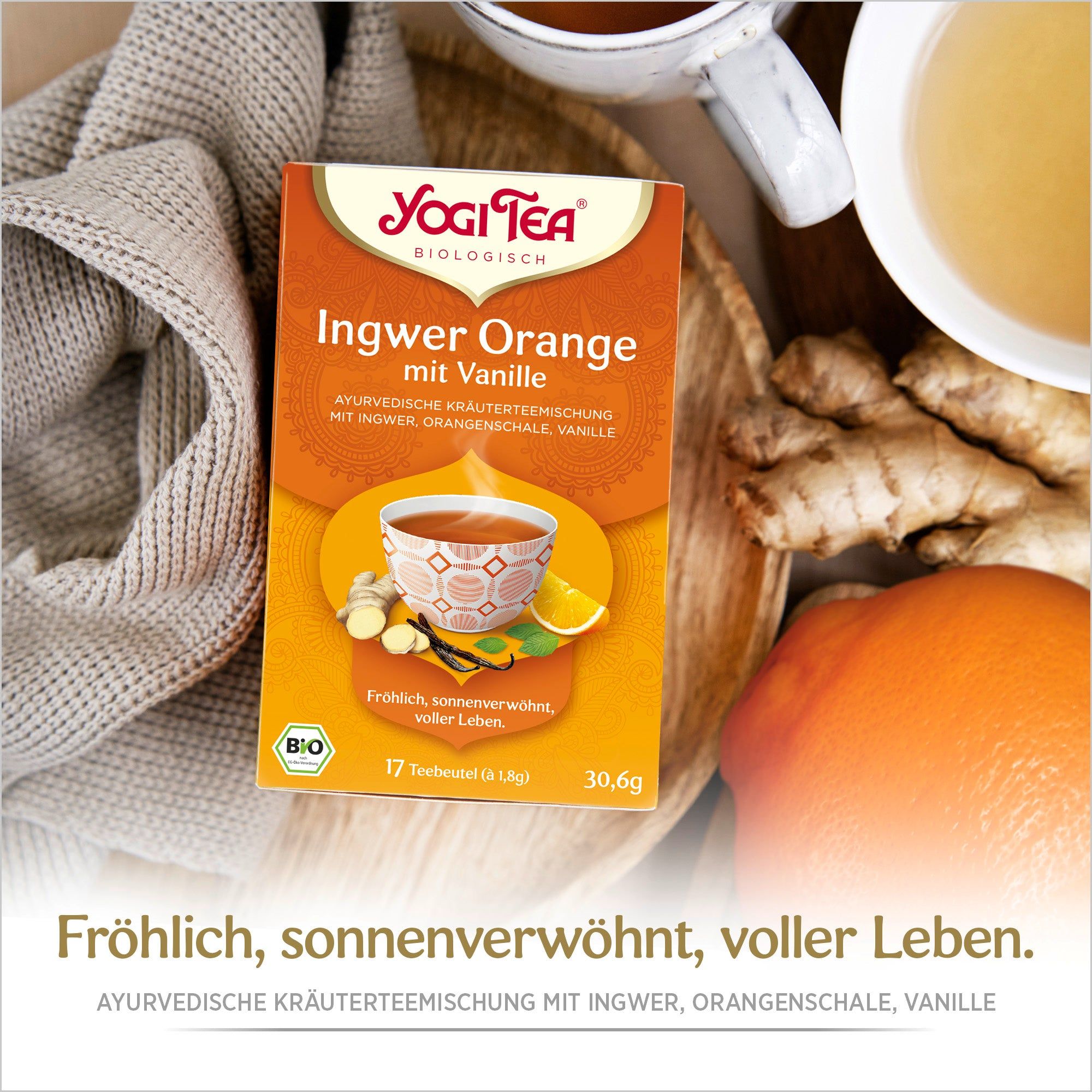 Yogi Tea Ingwer Orange Bio Gewürztee Packung. Orangefarbene Schachtel mit Logo, Produktname und Illustration. 17 Teebeutel, Bio-Siegel.