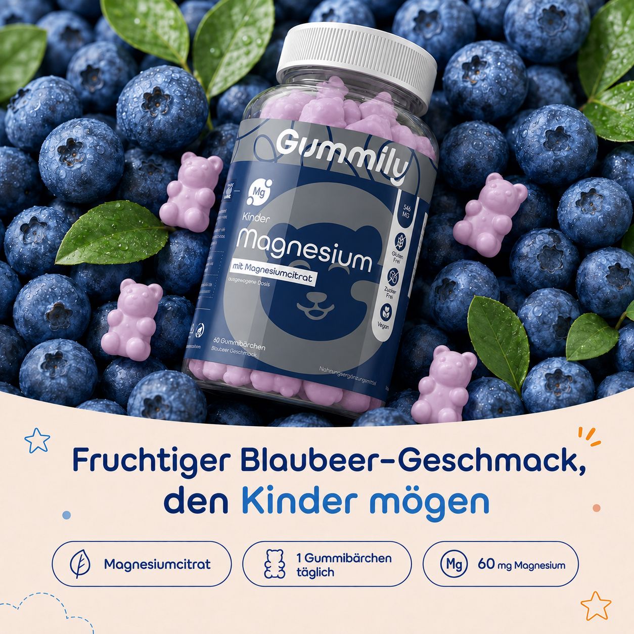 Gummily Kinder Magnesium Gummibärchen Behälter inmitten von Blaubeeren, mit Blaubeergeschmack.