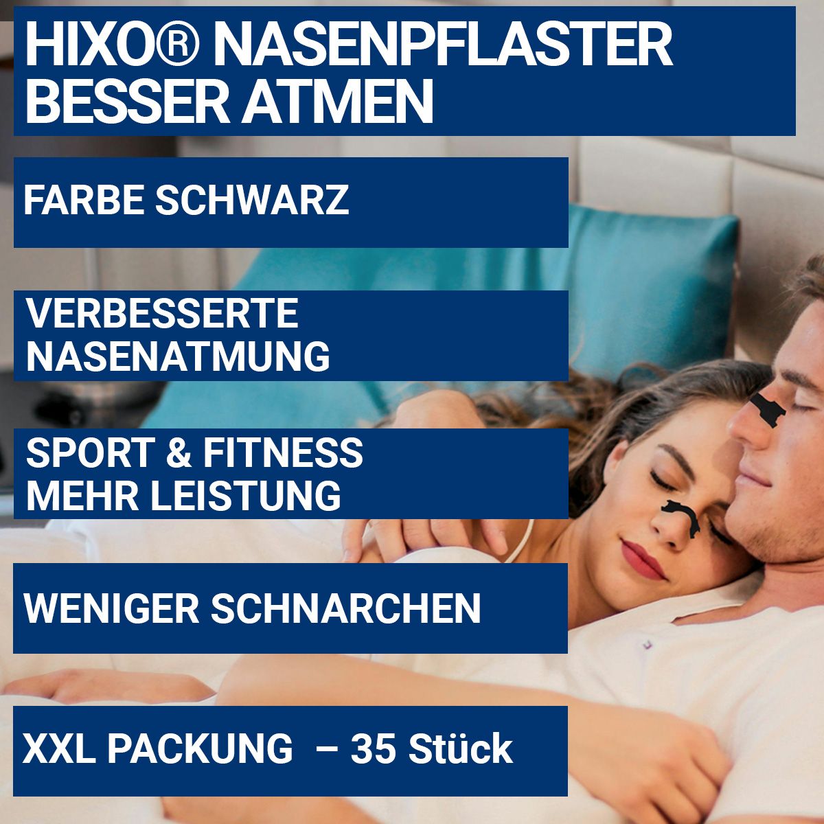 Paar im Bett mit schwarzen Nasenpflastern. Text: HIXO, bessere Atmung, Farbe Schwarz, verbesserte Nasenatmung, Sport & Fitness, weniger Schnarchen.