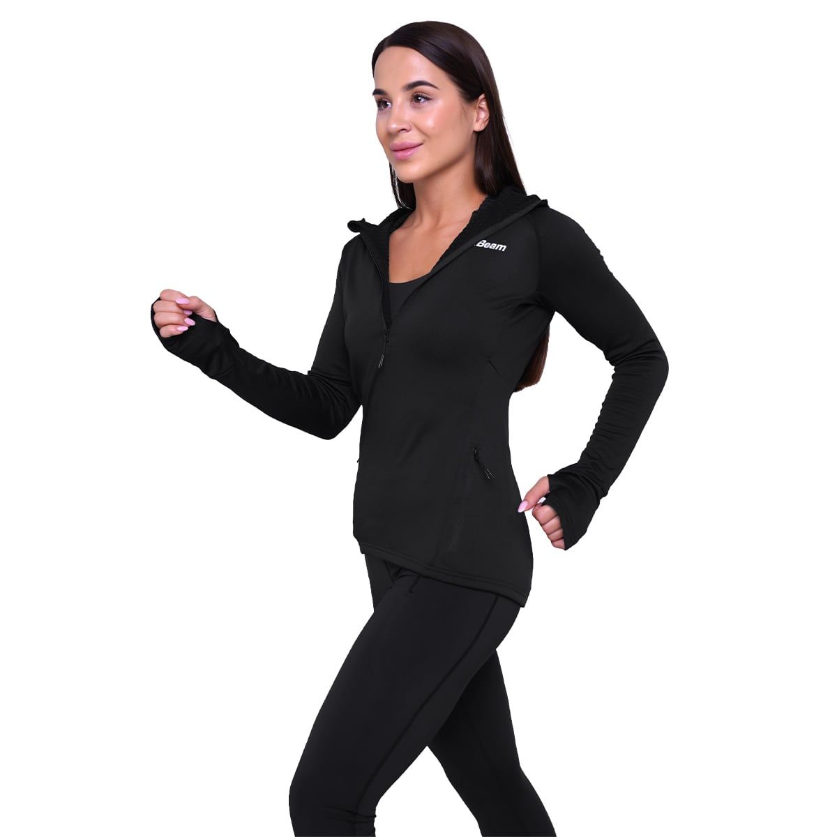 GymBeam Sweatshirt Damen slim mit halbem Reißverschluss und Kapuze in Schwarz
