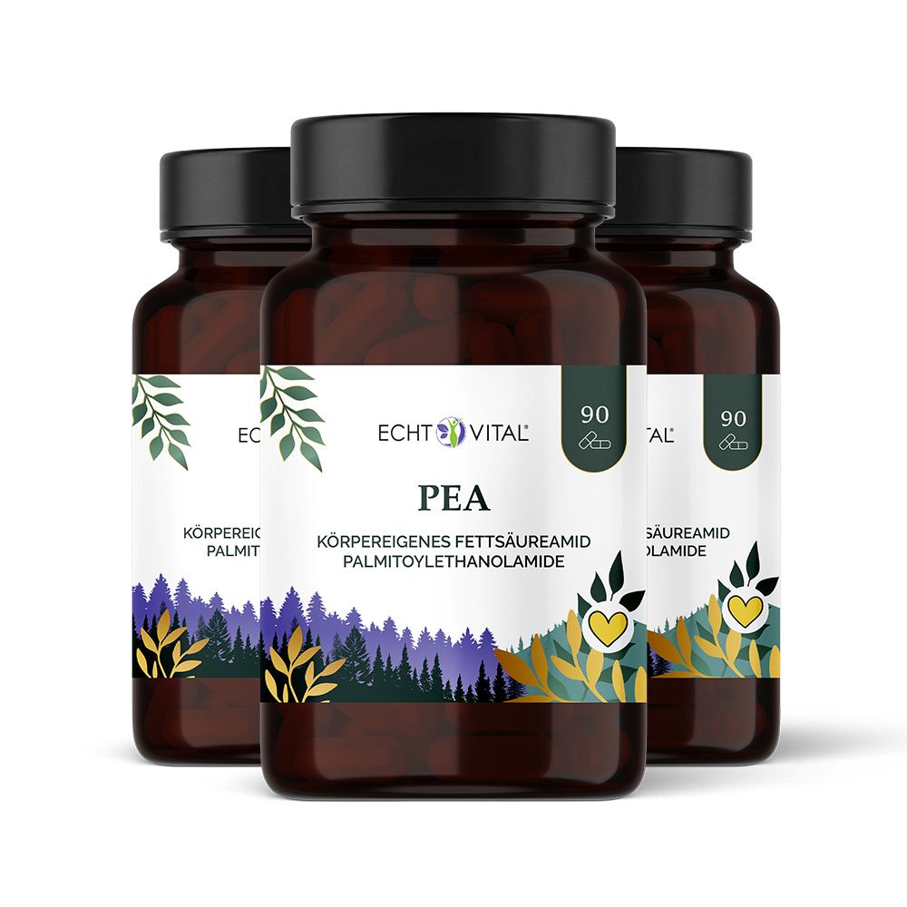 Drei braune Flaschen mit schwarzen Deckeln. Aufschrift: Echt Vital PEA. Etikett mit Produktinformationen. 90 Kapseln.