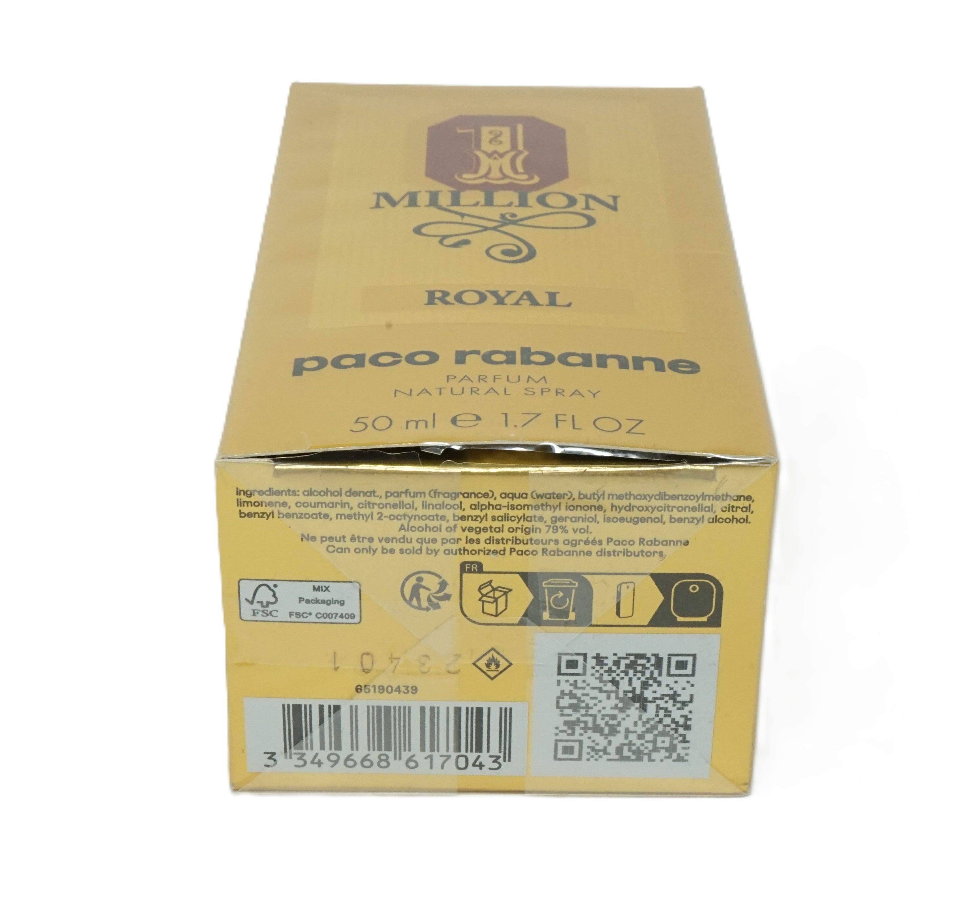 Rückseite der goldenen Verpackung mit Text und QR-Code. Enthält Informationen zu Inhaltsstoffen und Hersteller.