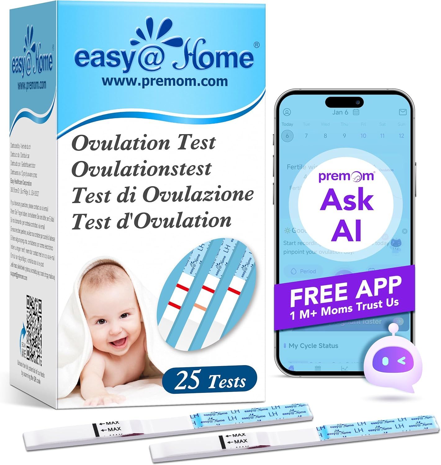 Packung Ovulationstest, Smartphone mit App-Anzeige, Teststreifen. Text: Ovulation Test, 25 Tests, Ask AI, Free App.