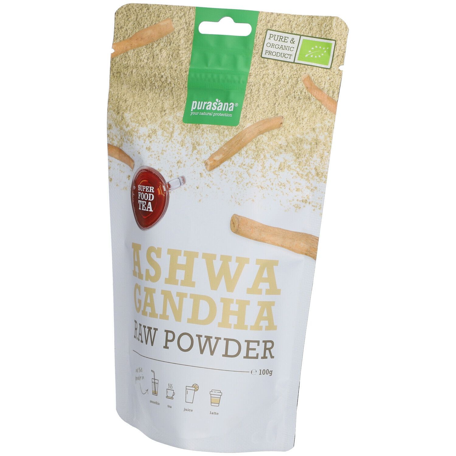 Beutel mit Ashwagandha-Pulver. Aufschrift: Super Food Tea, Ashwagandha Raw Powder. Bio-Siegel.