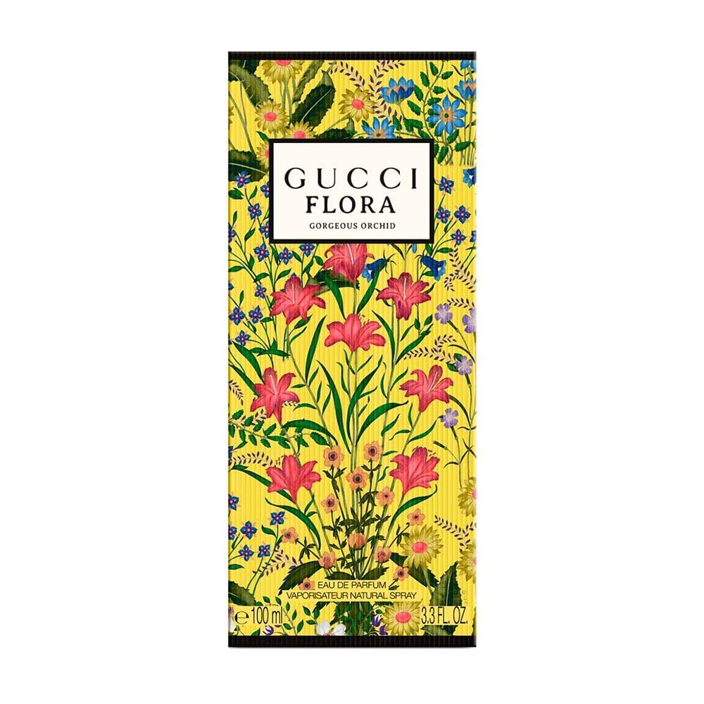 Verpackung mit floralem Muster und Aufschrift: Gucci Flora Gorgeous Orchid.